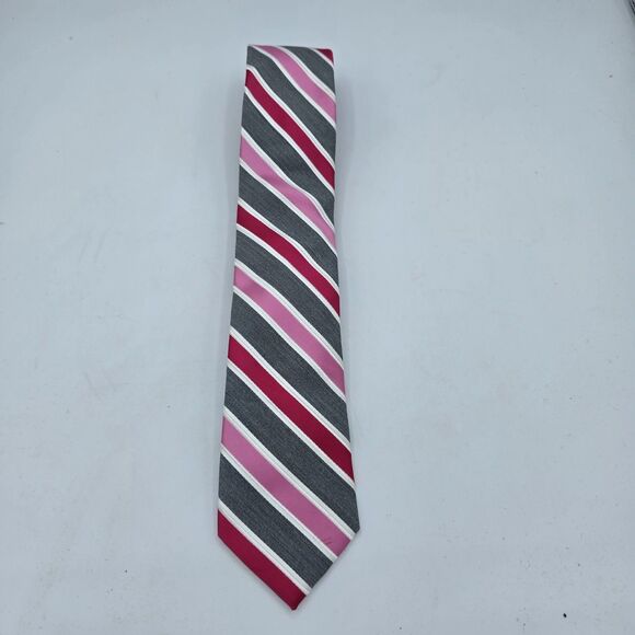 JF J. Ferrar Men's Polyester Tie Striped Necktie Pink And Grey 58 X 2.5 Inch - Picture 2 of 6